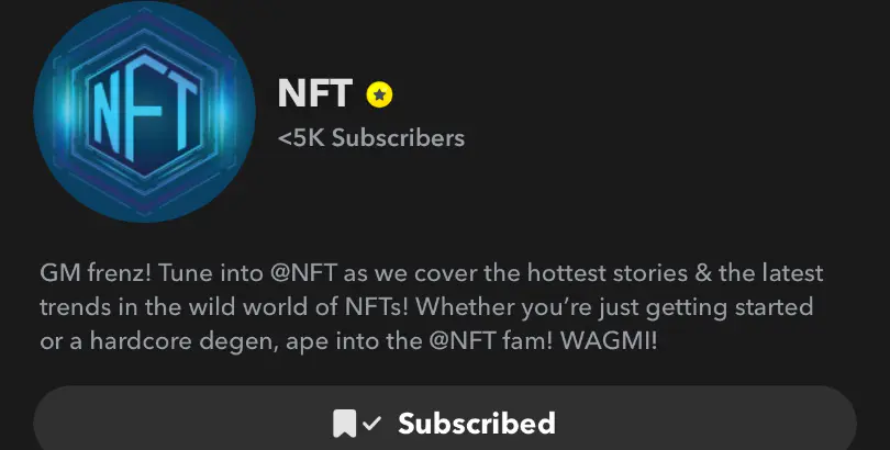 @NFT Snapchat (official NFT snapchat show on the discovery page, which has 360M weekly viewers)
