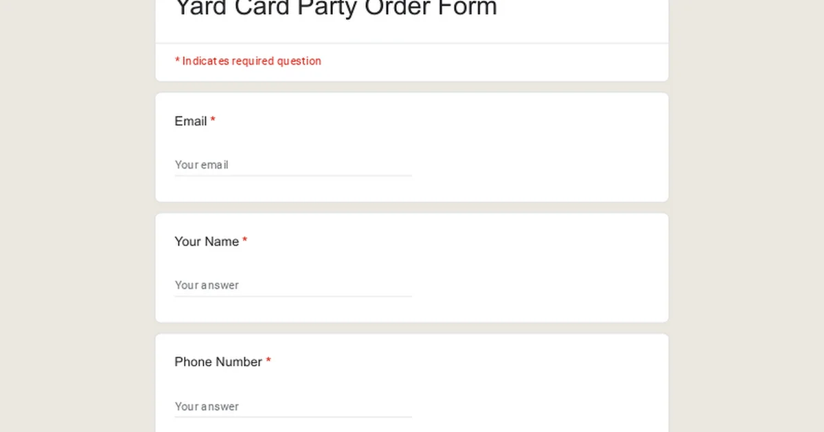 Yard Card Party Order Form 