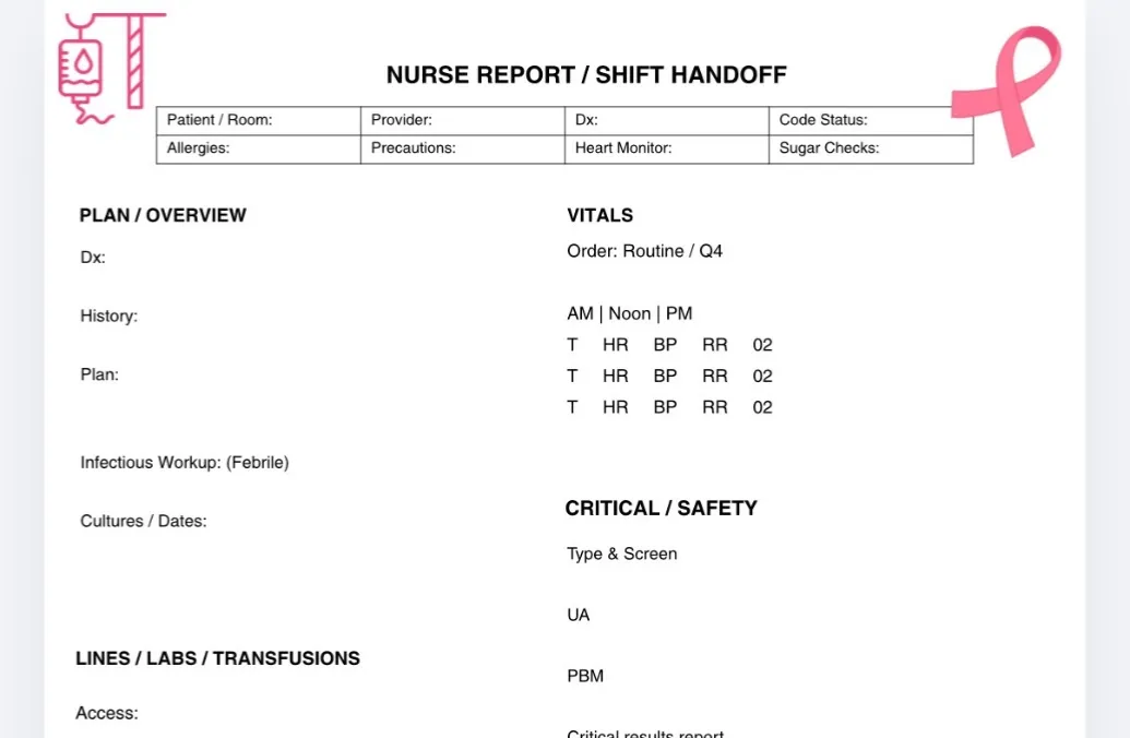 Nurse Handoff Sheet (Printable PDF)