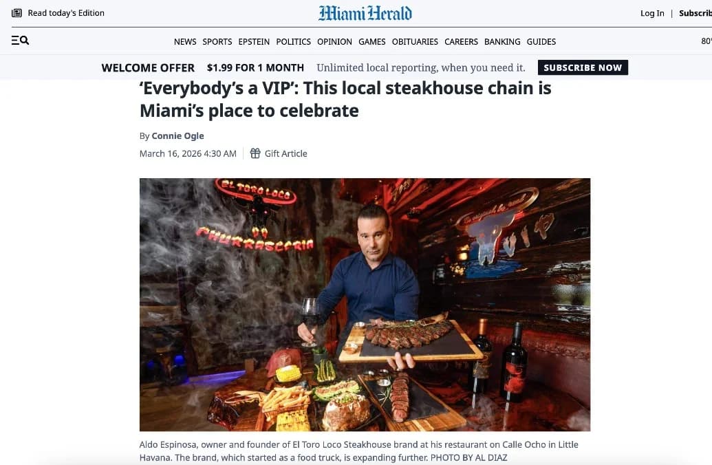 Miami Herald- Local Steakhouse EL TORO LOCO 
