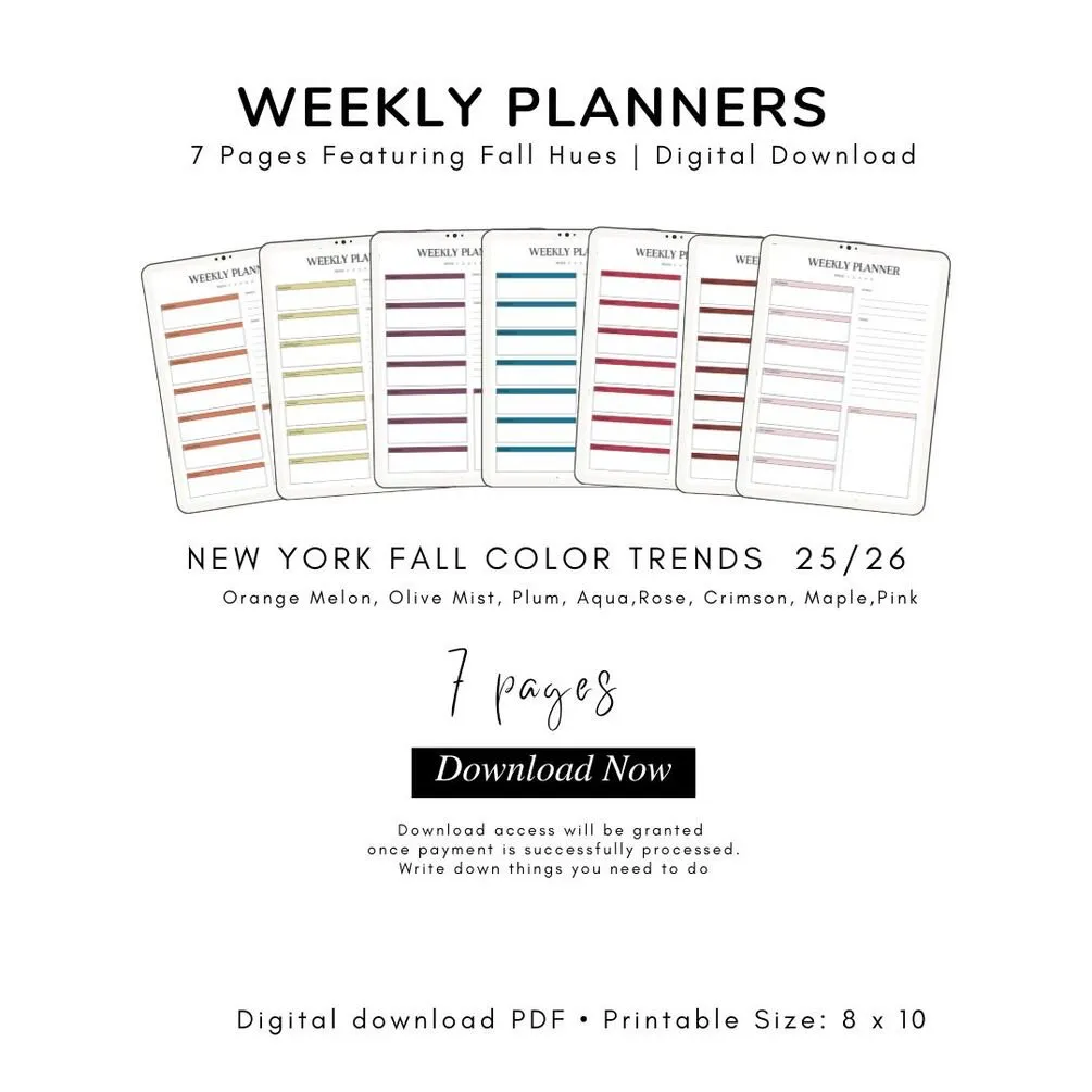 Weekly Planner 7 White Pages featuring Fall Hues | Digital Download Product