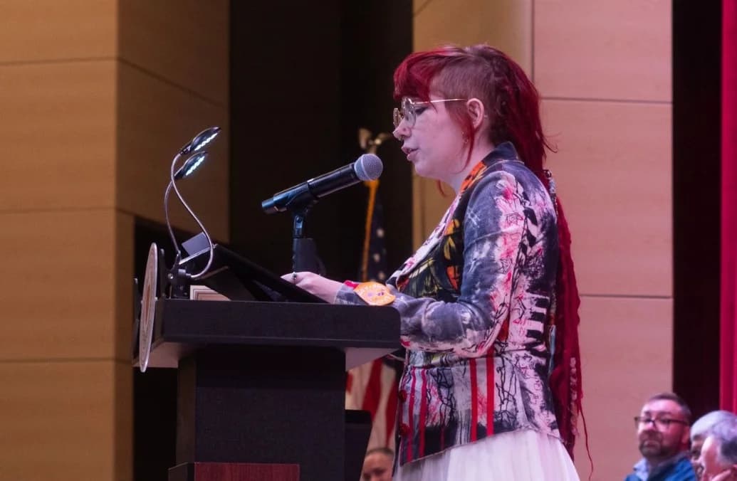 New Poet Laureate Nicole “Nic” Jean Turner recites an original poem about Worcester at innaguration