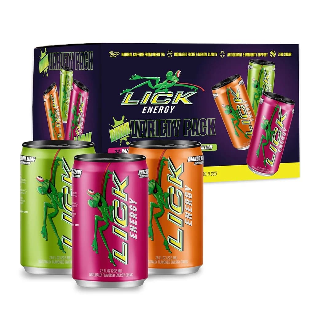 LICK Energy Drink Variety Pack (Razzade, Mango Crush, Lemon Lime) - No Sugar, No Crash, Green Tea Caffeine (100mg), with Antioxidants and Vitamins A, B6, B12, and C, 7.5oz (6pk)