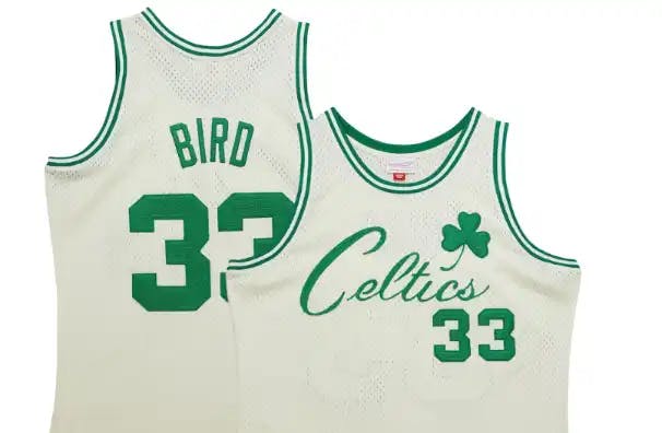 Men's Mitchell & Ness Larry Bird Cream Boston Celtics Chainstitch Swingman Jersey